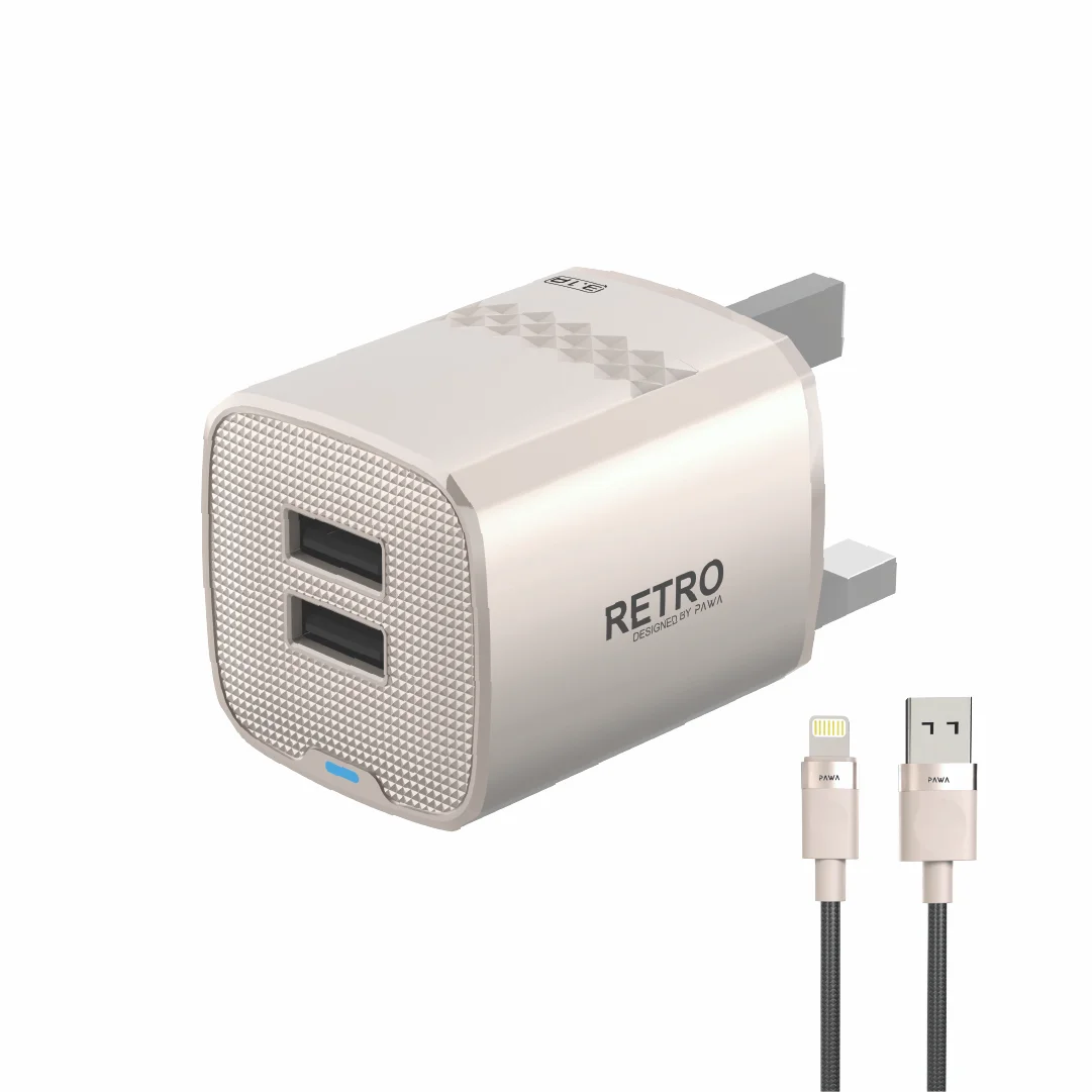 PAWA RETRO 3.1A DUAL USB UK CHARGER WITH USB A  TO LIGHTING CABLE TITANIUM PW-TCR31UKL-TT