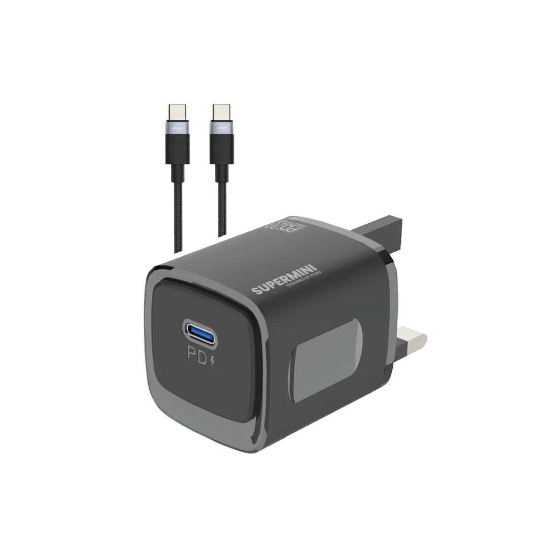 PAWA SUPERMINI TRAVEL CHARGER TYPE C PORT PD20 WITH BRAIDED TYPE C CABLE BLACK PW-TCSP20UT-BK