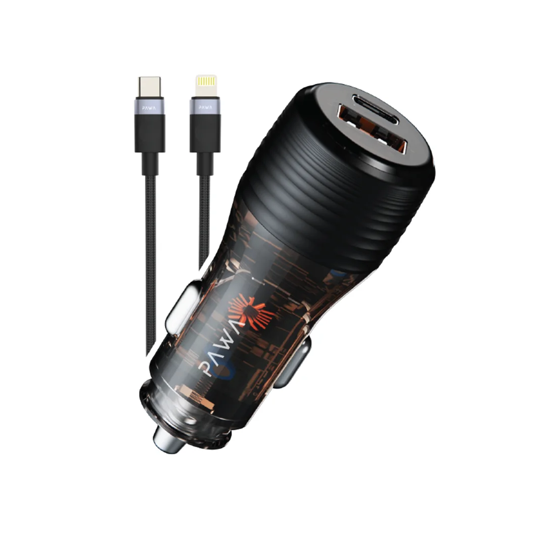 PAWA SOLID CAR CHARGER DUAL PORT PD+QC WITH BRAIDED USB C TO LIGHTNING CABLE 51W TRANSPARENT PW-CC51CA1L-TP