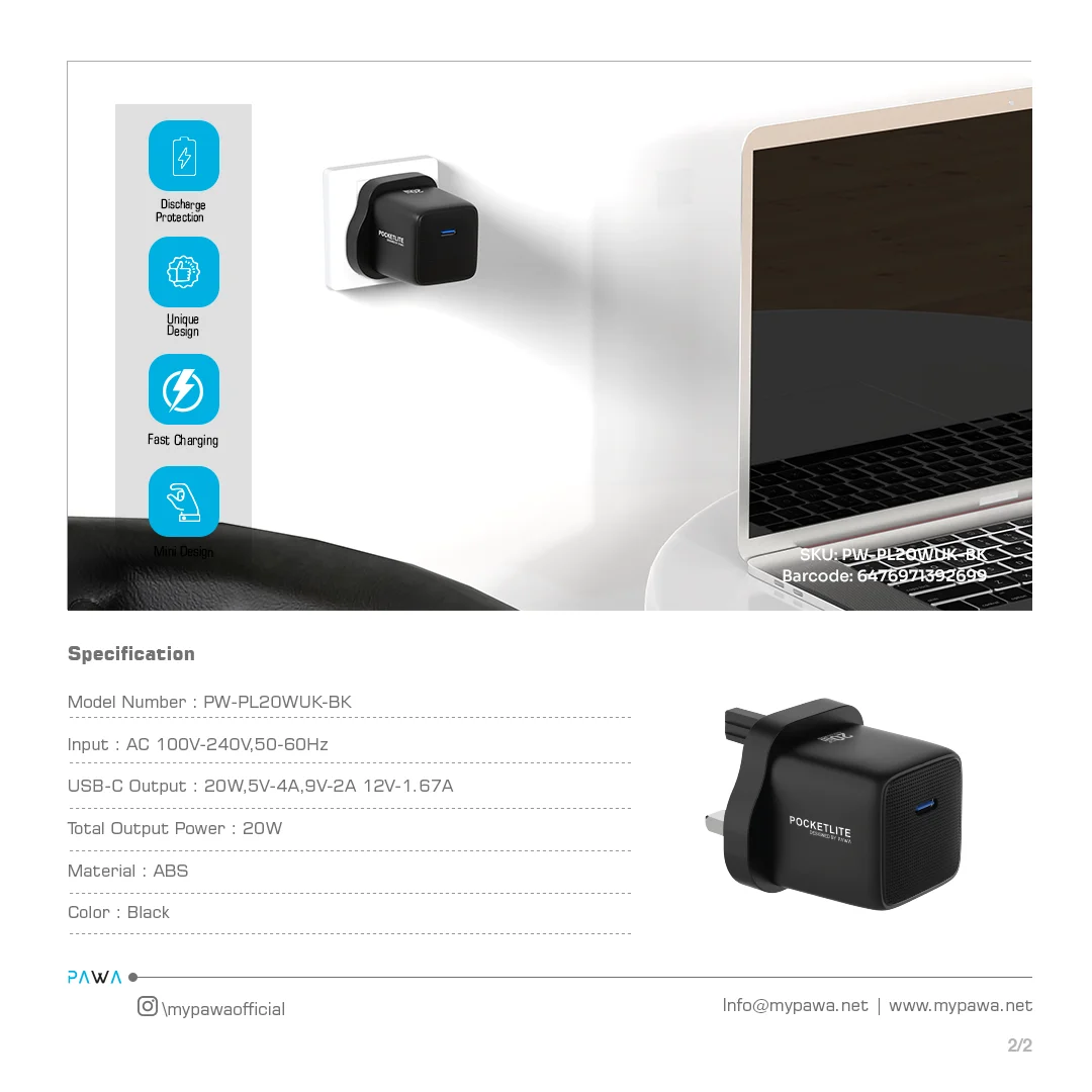 PAWA POCKETLITE TRAVEL CHARGER PD+QC PORT GAN UK STANDARD PD25W BLACK PW-PL1U1PUK-BK thumbnail 3