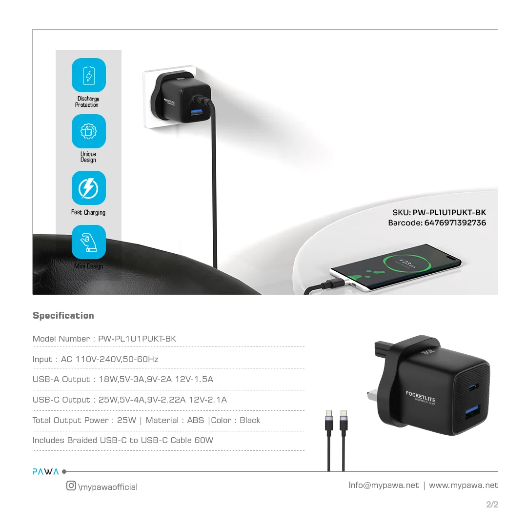 PAWA POCKETLITE TRAVEL CHARGER PD+QC PORT GAN UK STANDARD PD25W USB C TO USB C CABLE BLACK PW-PL1U1PUKT-BK thumbnail 3