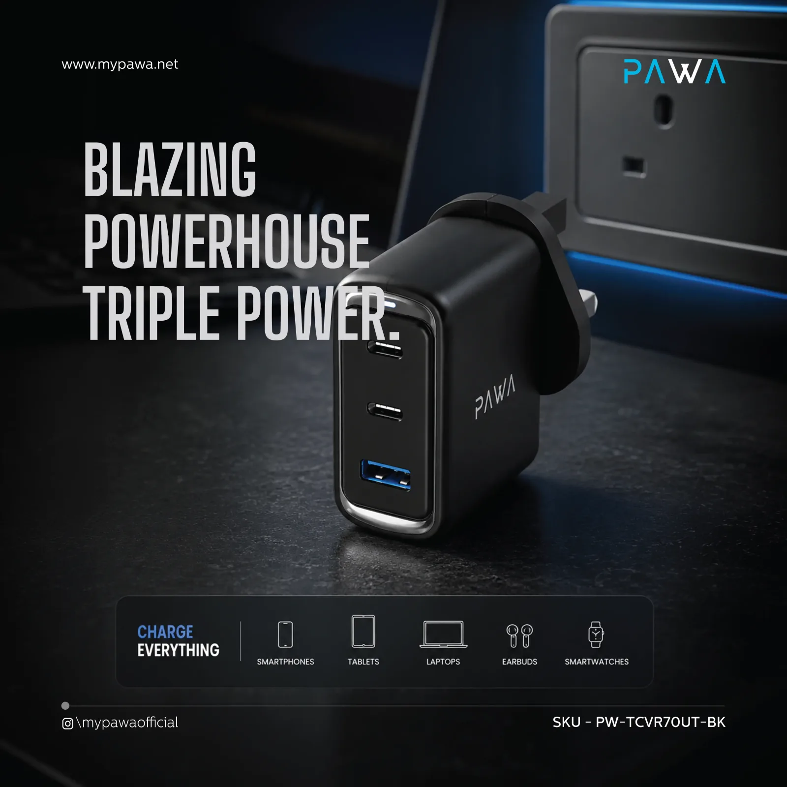 PAWA VECTOR TRIPLE PORT GAN CHARGER WITH TYPE C TO TYPE C CABLE 1M BLACK PW-TCVR70UT-BK thumbnail 3
