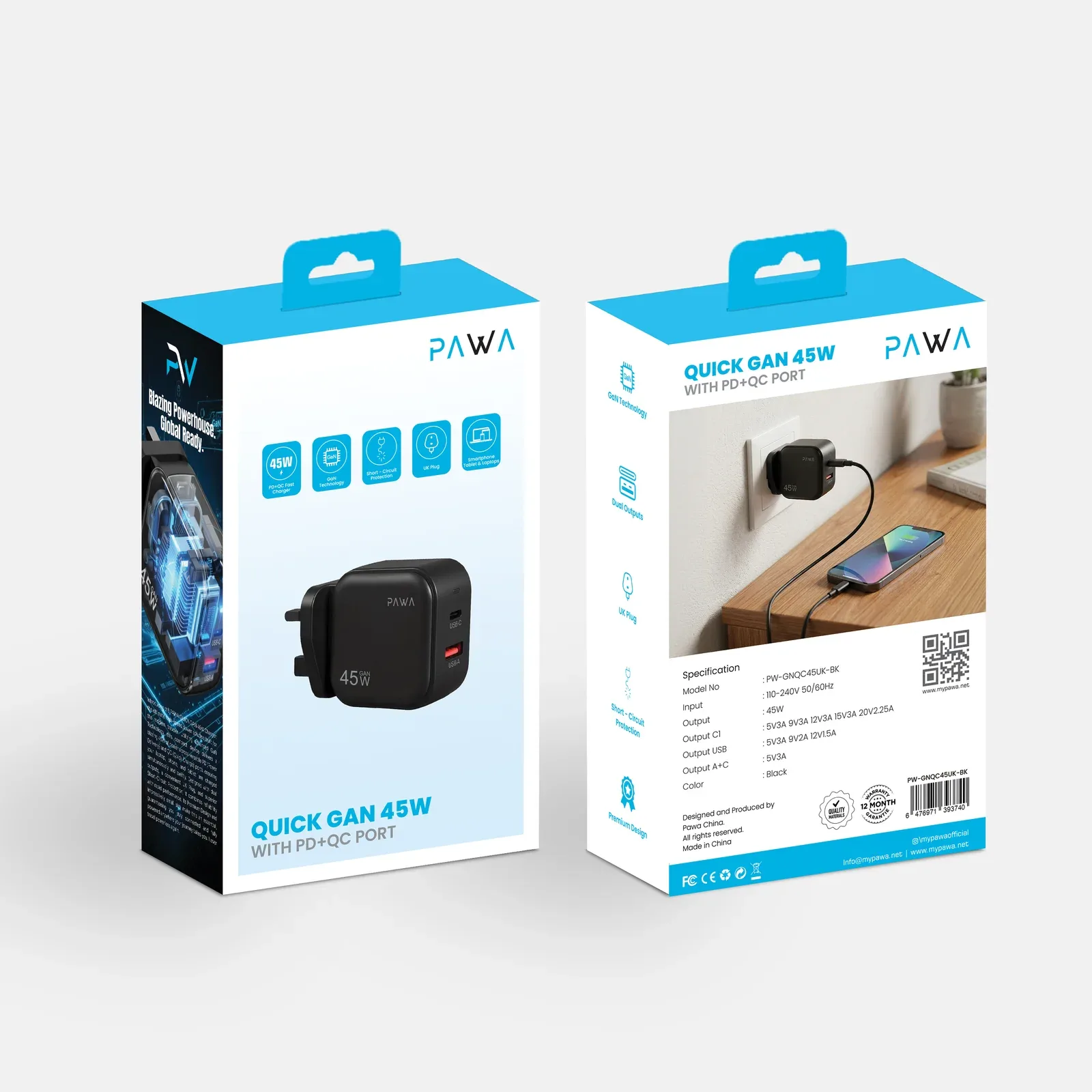 PAWA QUICK GAN 45W WITH PD+ QC PORT BLACK PW-GNQC45UK-BK thumbnail 2
