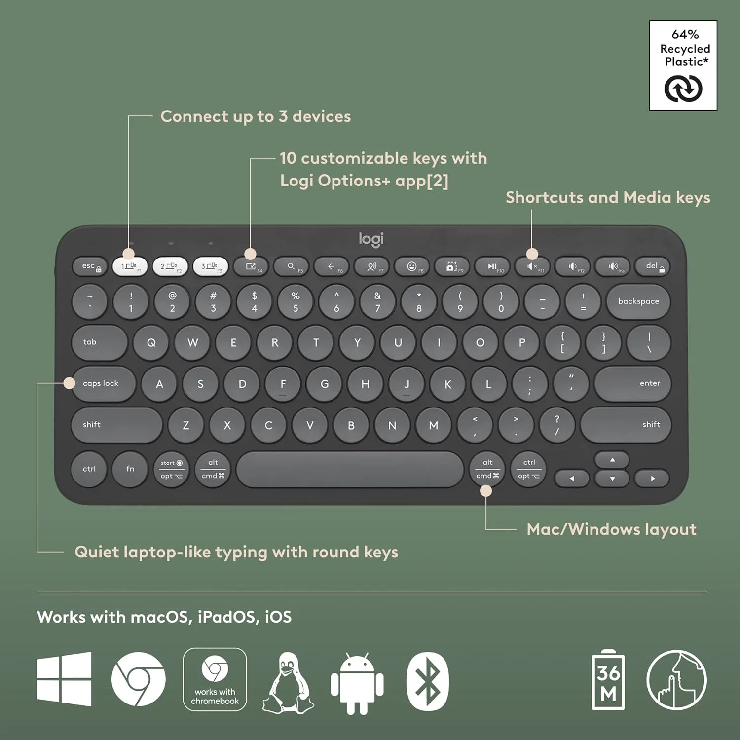 LOGITECH PEBBLE KEYS 2 K380S WIRELESS KEYBOARD TONA GRAPHITE ENG 920-011851 thumbnail 6