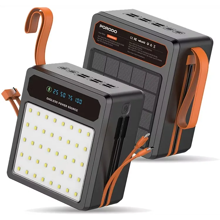 PORODO LAROS 160000MAH SOLAR POWER BANK 22.5W FAST CHARGING WITH BUILT IN CABLES BLACK PDPB160BK