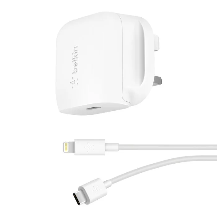 BELKIN 18W USB C WALL CHARGER WITH LIGHTNING CABLE WHITE F7U096MY04-WHT