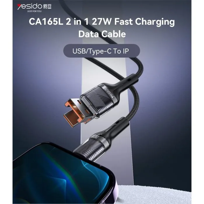 YESIDO TRANSPARENT 2 IN 1 USB-A TO LIGHTNING + USB-C TO LIGHTNING CABLE 1.2M BLACK CA165L thumbnail 5