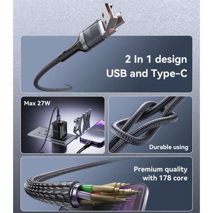 YESIDO TRANSPARENT 2 IN 1 USB-A TO LIGHTNING + USB-C TO LIGHTNING CABLE 1.2M BLACK CA165L thumbnail 4