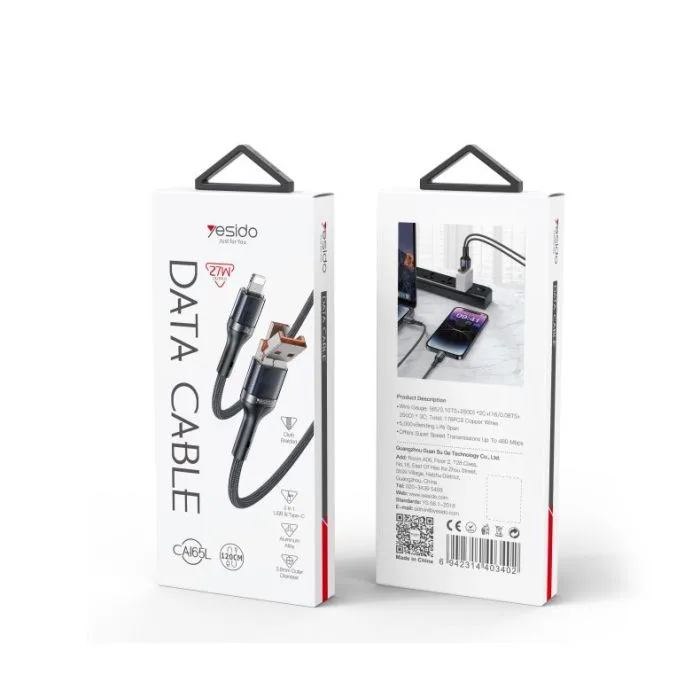 YESIDO TRANSPARENT 2 IN 1 USB-A TO LIGHTNING + USB-C TO LIGHTNING CABLE 1.2M BLACK CA165L thumbnail 2