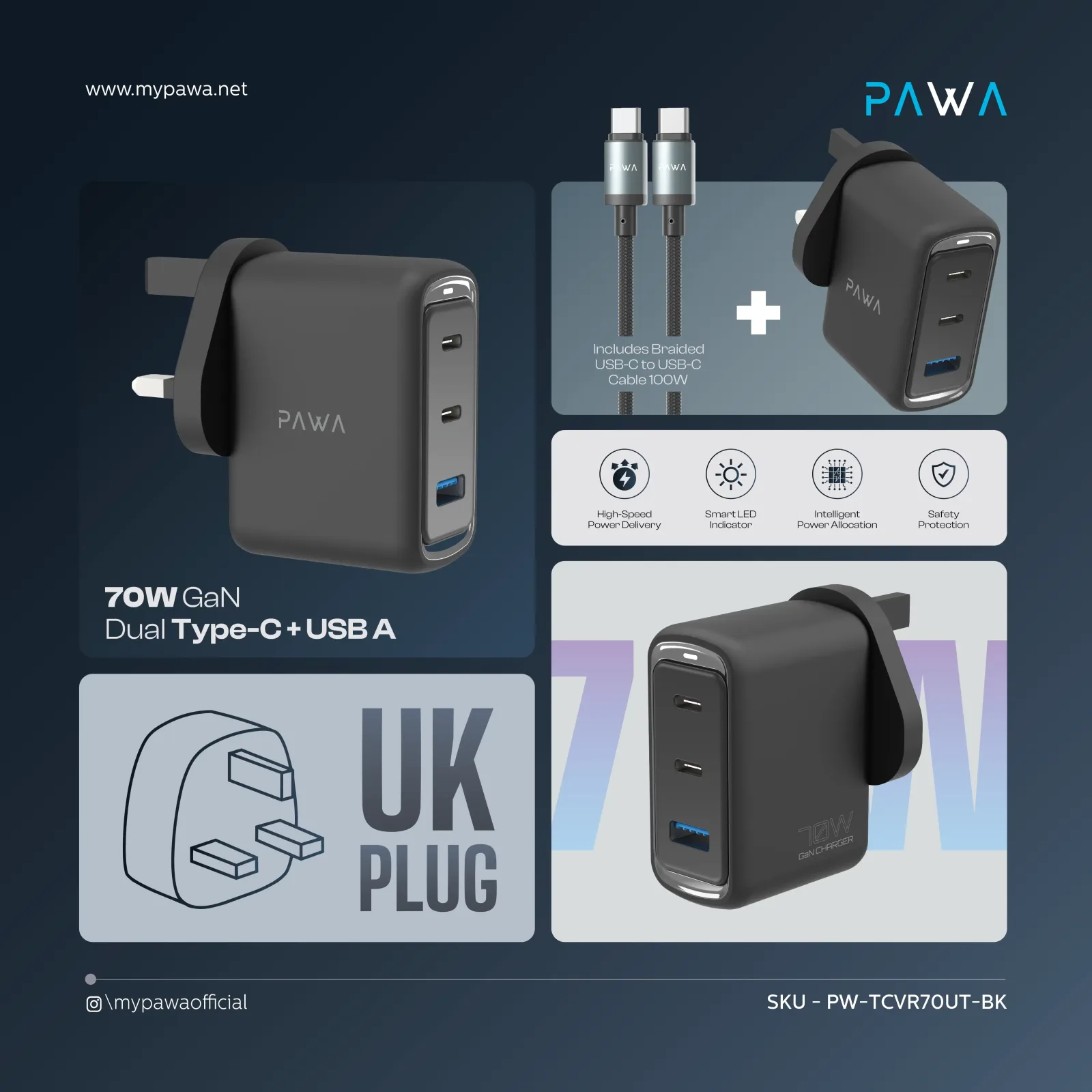 PAWA VECTOR TRIPLE PORT GAN CHARGER WITH TYPE C TO TYPE C CABLE 1M BLACK PW-TCVR70UT-BK thumbnail 2
