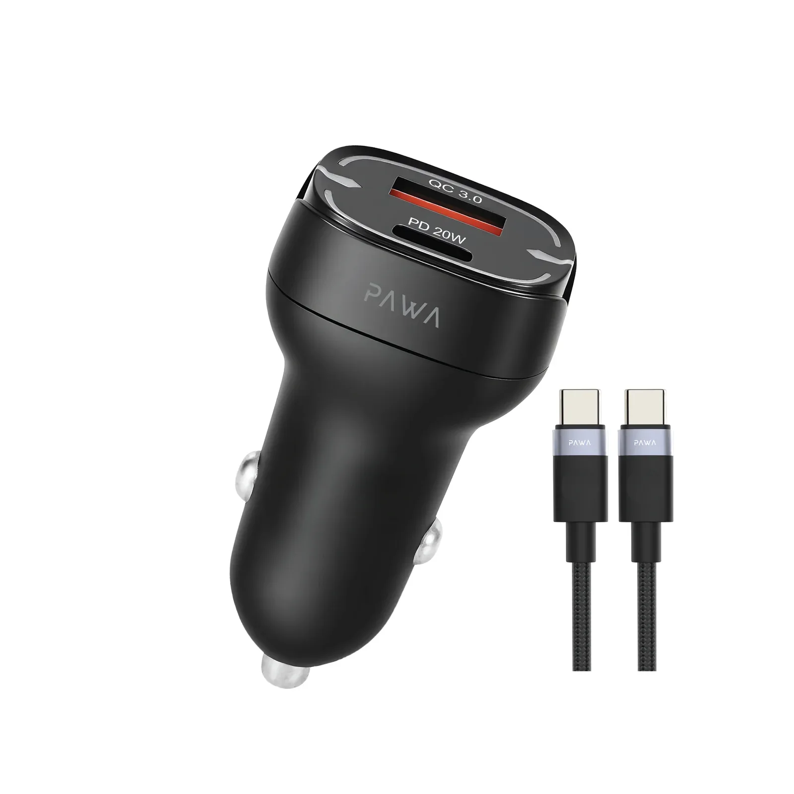 PAWA QUAD PRO DUAL PORT CAR CHARGER 38W WITH BRAIDED USB C TO USB C CABLE BLACK PW-CC530WCC-BK