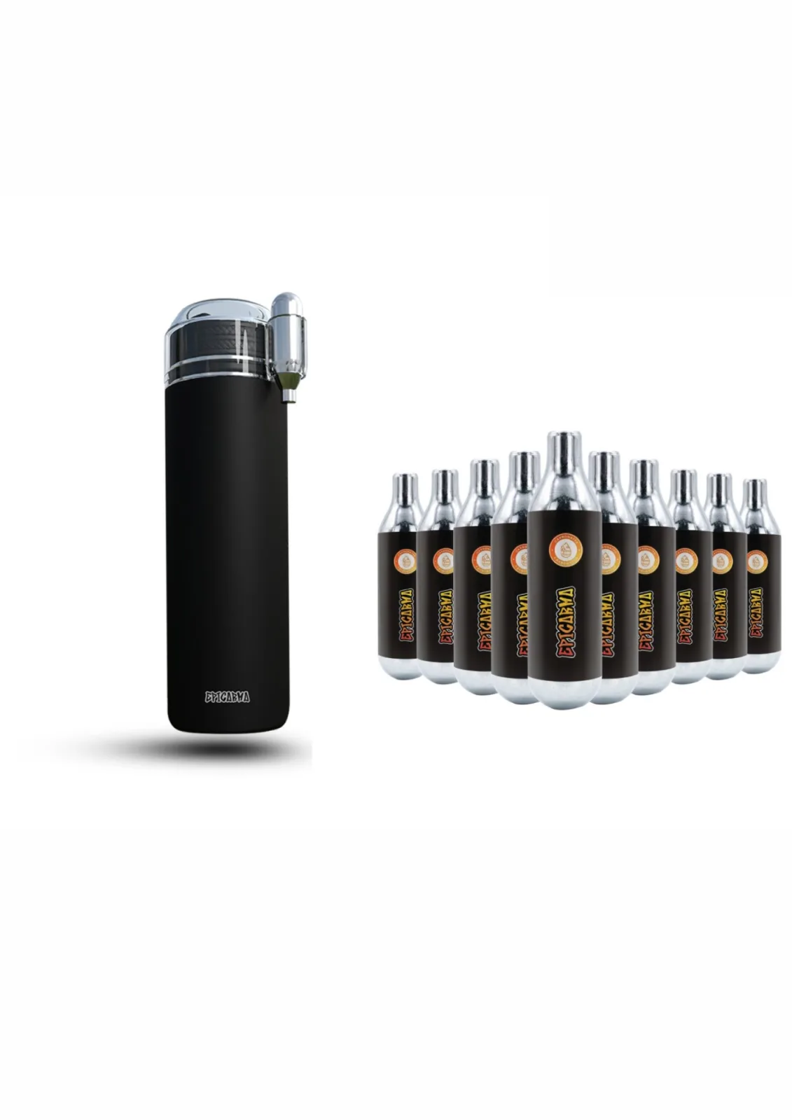 EPICARMA SPARKLING WATER BOTTLE BLACK EA-SPKWB750-BK+ EPICARMA CO2 8G CAPSULE PACK OF 10 SILVER EA-CO2CAP8-SL
