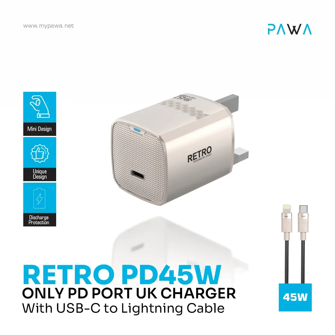 PAWA RETRO 45W WITH TYPE C PORT UK PLUG WITH TYPE C TO LIGHTNING CABLE TITANIUM PW-TCR45UKL-TT thumbnail 4