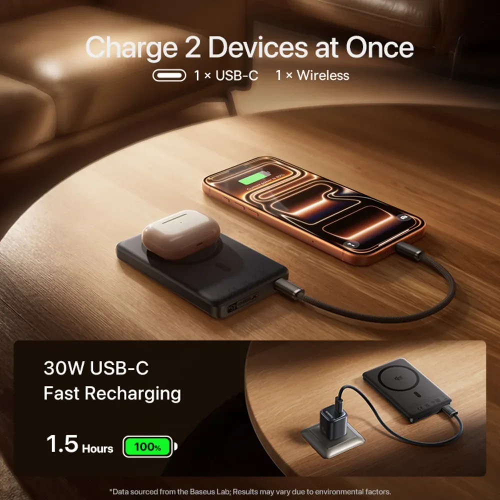BASEUS PICGO AM52 SLIM QI2.2 MAGNETIC POWER BANK 10000MAH 45W COSMIC BLACK INCLUDES CABLE USB C TO USB C E0028Z00 thumbnail 8