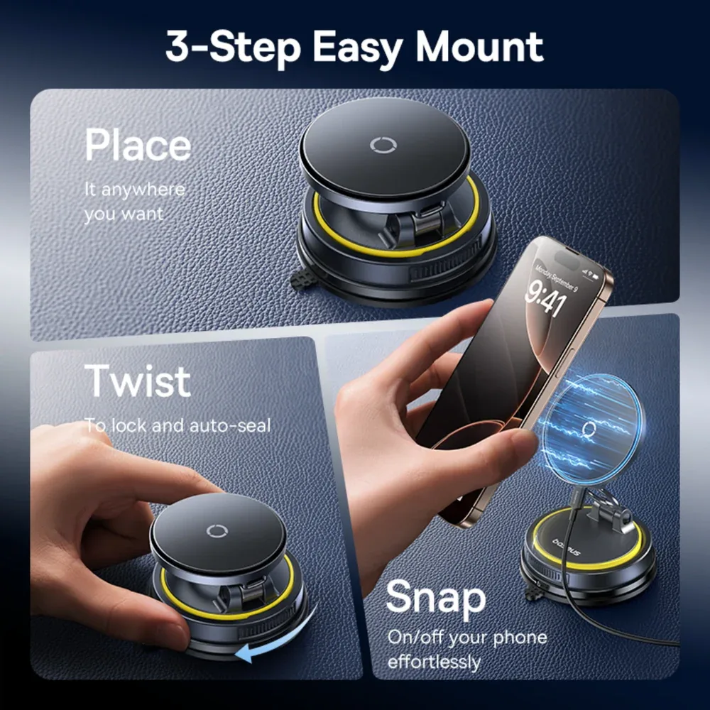 BASEUS PRIME TRIP VC2 FLEX PRO MAGNETIC WIRELESS CAR CHARGER MOUNT SUCTION CUP COSMIC BLACK C0013F01 thumbnail 10