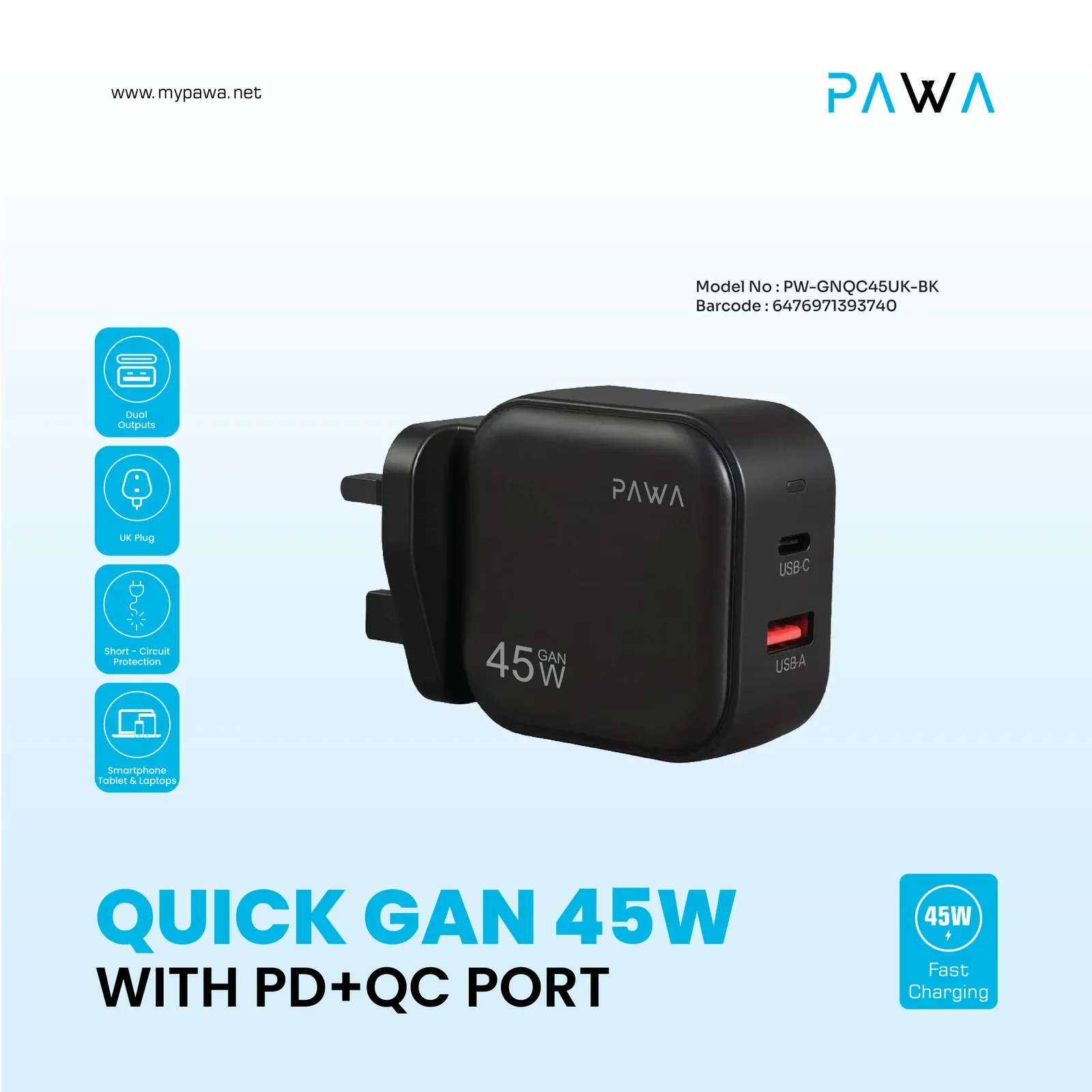 PAWA QUICK GAN 45W WITH PD+ QC PORT BLACK PW-GNQC45UK-BK thumbnail 4