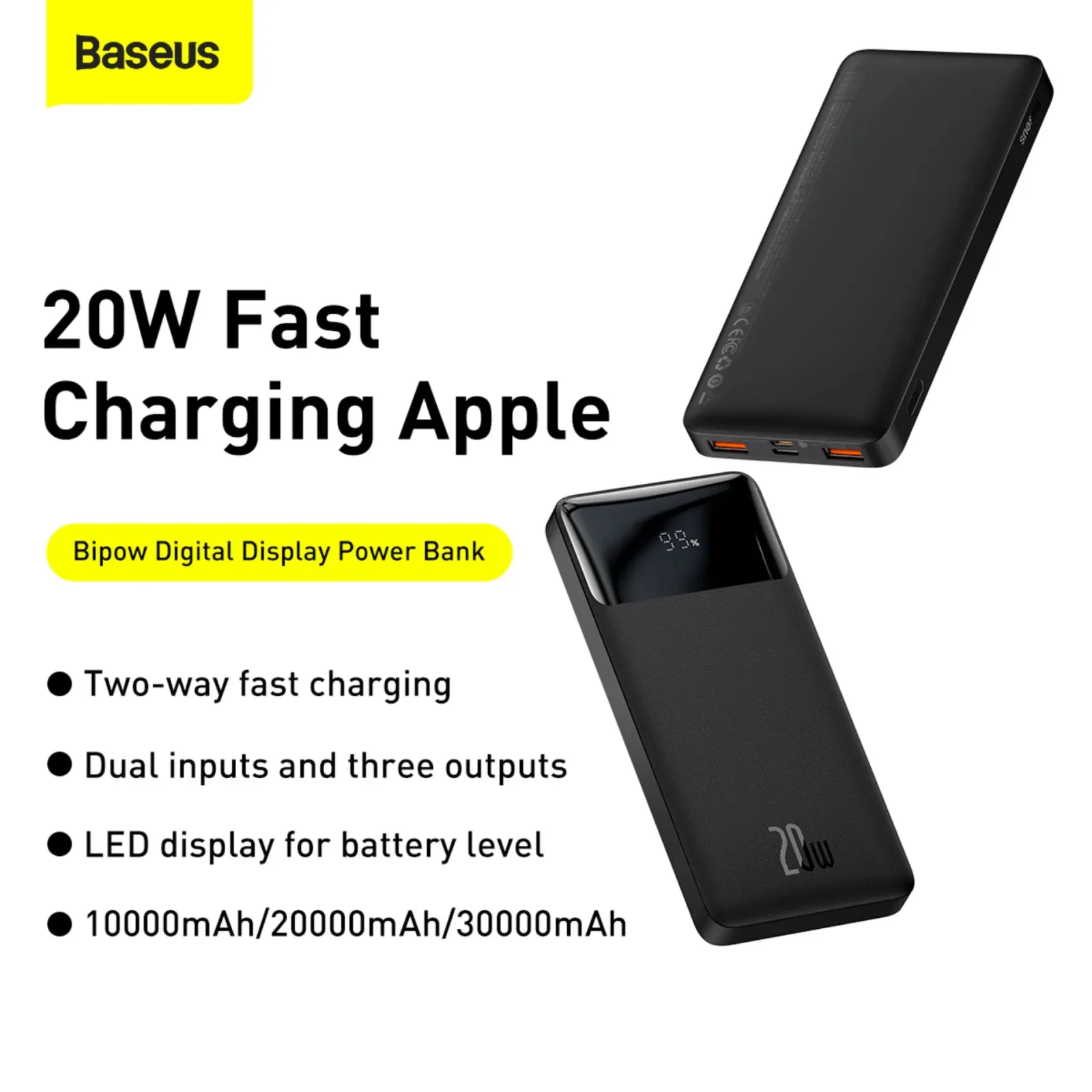 BASEUS POWER BANK 10000 MAH BIPOW DIGITAL DISPLAY FAST CHARGING PD 20W OVERSEAS EDITION BLACK PPBD10K-X thumbnail 2