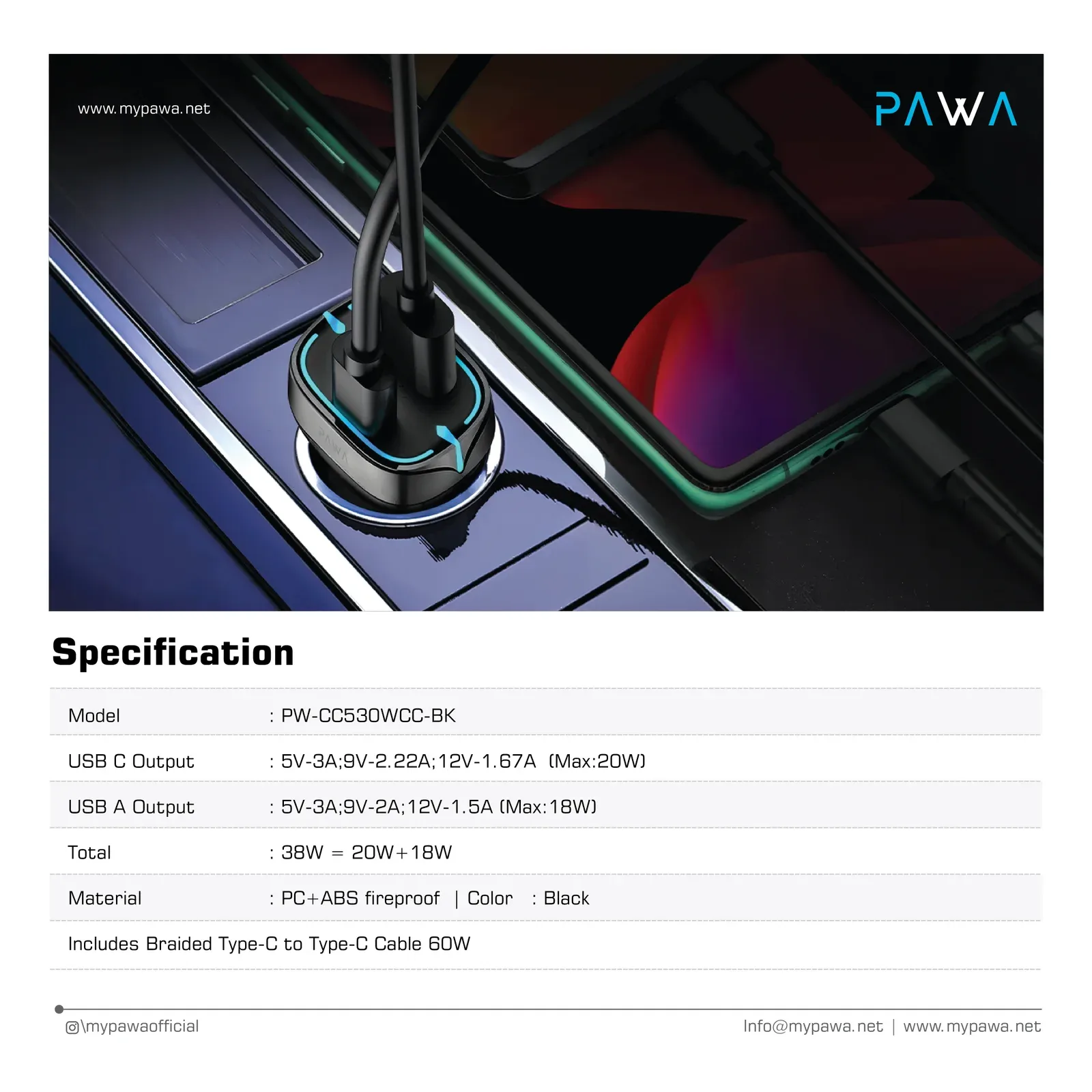 PAWA QUAD PRO DUAL PORT CAR CHARGER 38W WITH BRAIDED USB C TO USB C CABLE BLACK PW-CC530WCC-BK thumbnail 5