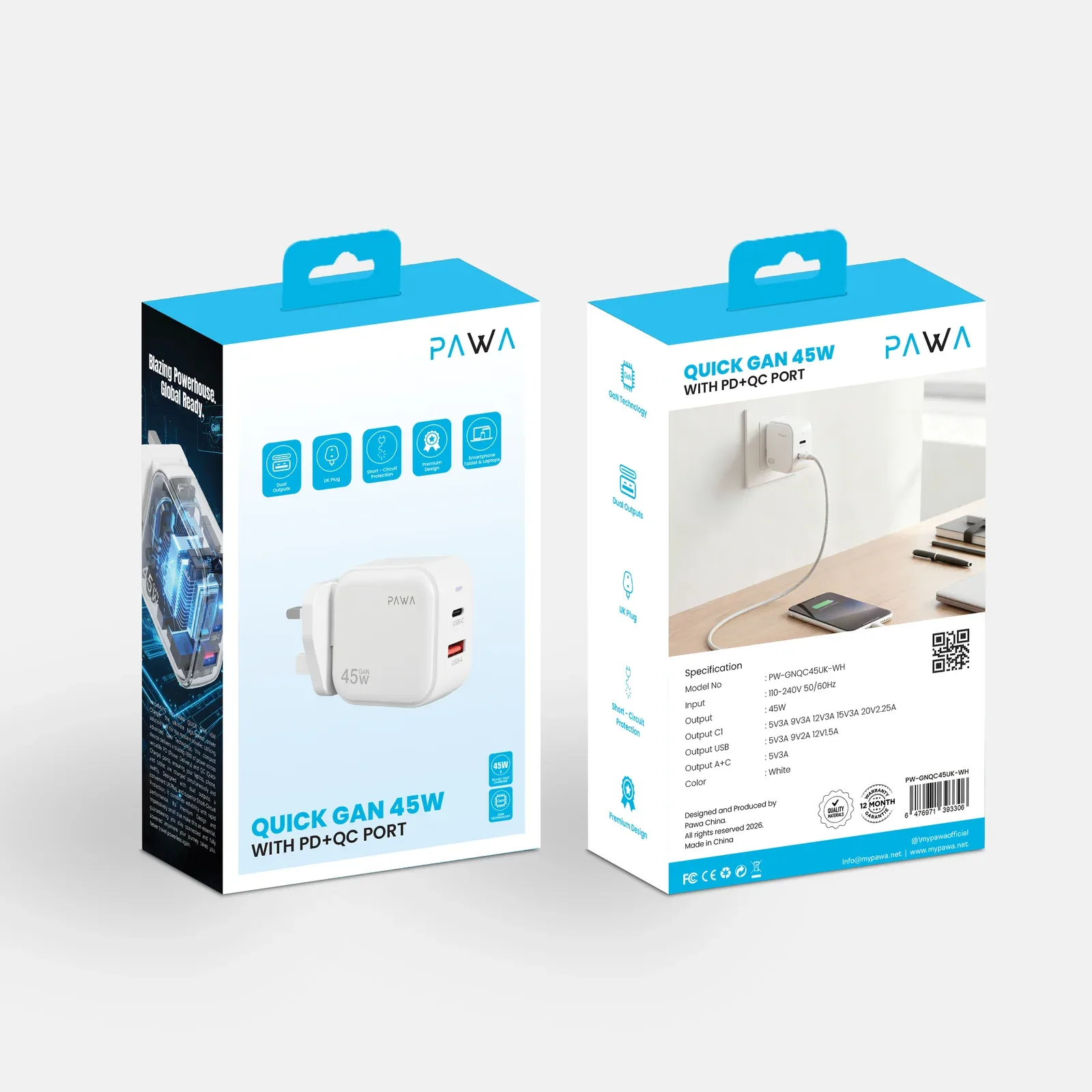 PAWA QUICK GAN 45W WITH PD+QC PORT WHITE PW-GNQC45UK-WH thumbnail 5
