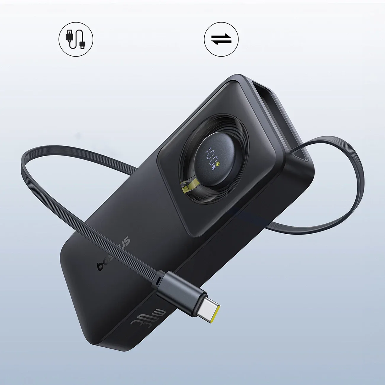 BASEUS FREE2 PULL POWER BANK WITH RETRACTABLE USB C CABLE 10000MAH 30W COSMIC BLACK P10073701123 thumbnail 6