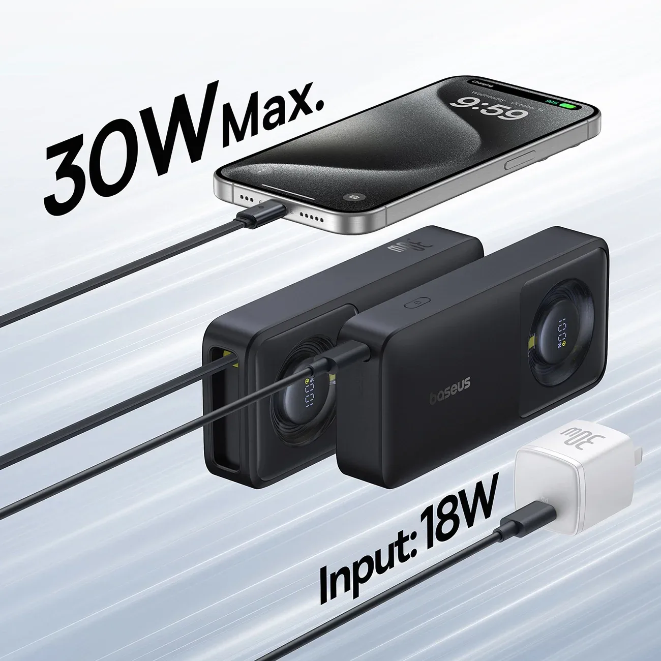 BASEUS FREE2 PULL POWER BANK WITH RETRACTABLE USB C CABLE 10000MAH 30W COSMIC BLACK P10073701123 thumbnail 4