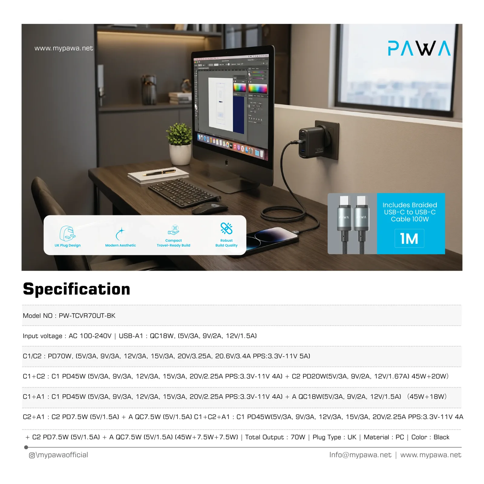 PAWA VECTOR TRIPLE PORT GAN CHARGER WITH TYPE C TO TYPE C CABLE 1M BLACK PW-TCVR70UT-BK thumbnail 4