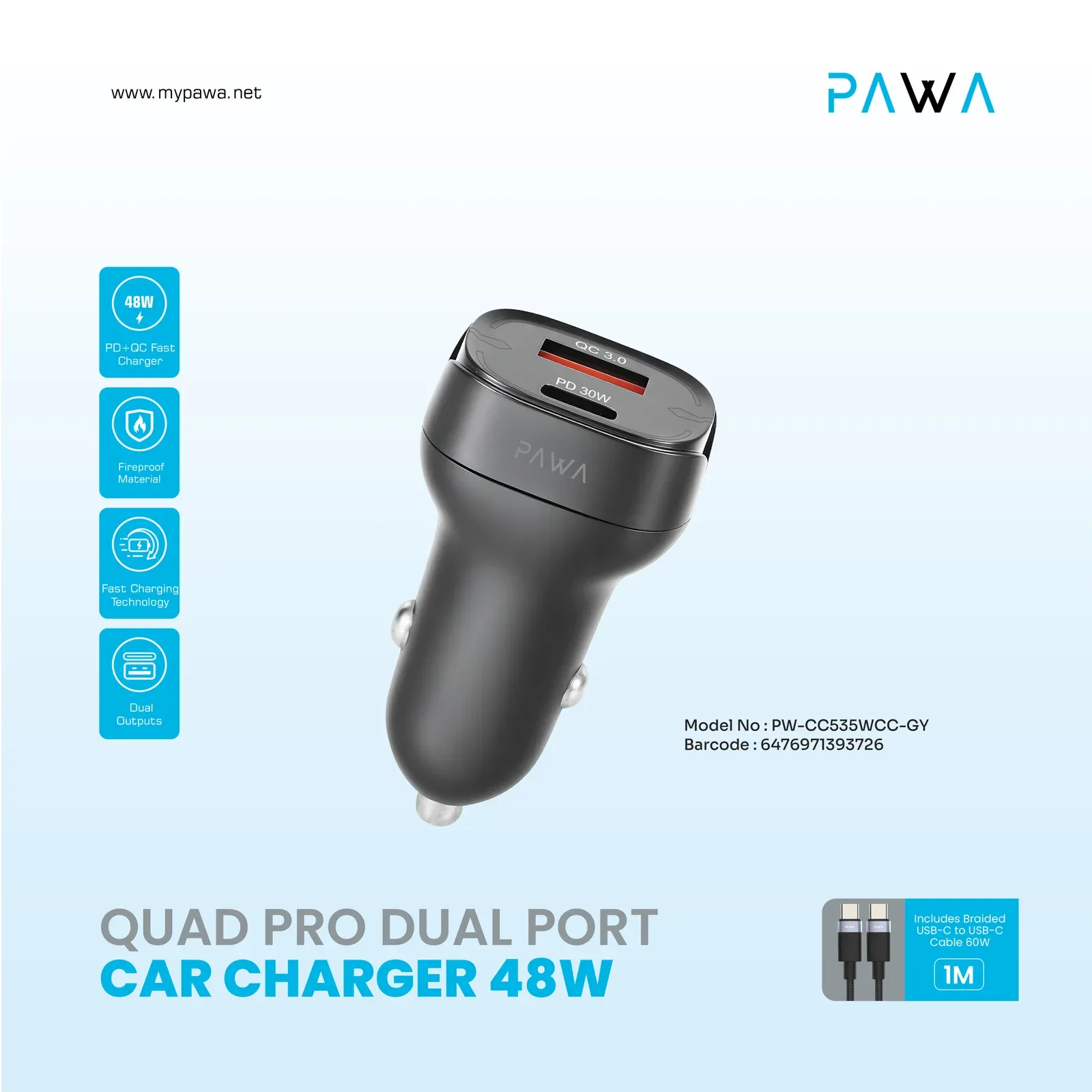 PAWA QUAD PRO DUAL PORT CAR CHARGER 48W WITH BRAIDED USB C TO USB C CABLE GREY PW-CC535WCC-GY thumbnail 5