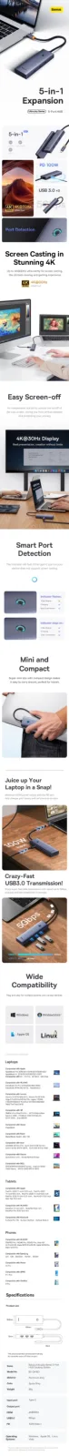 BASEUS ULTRA JOY SERIES 5 PORT HUB GRAY B00052801811 thumbnail 2