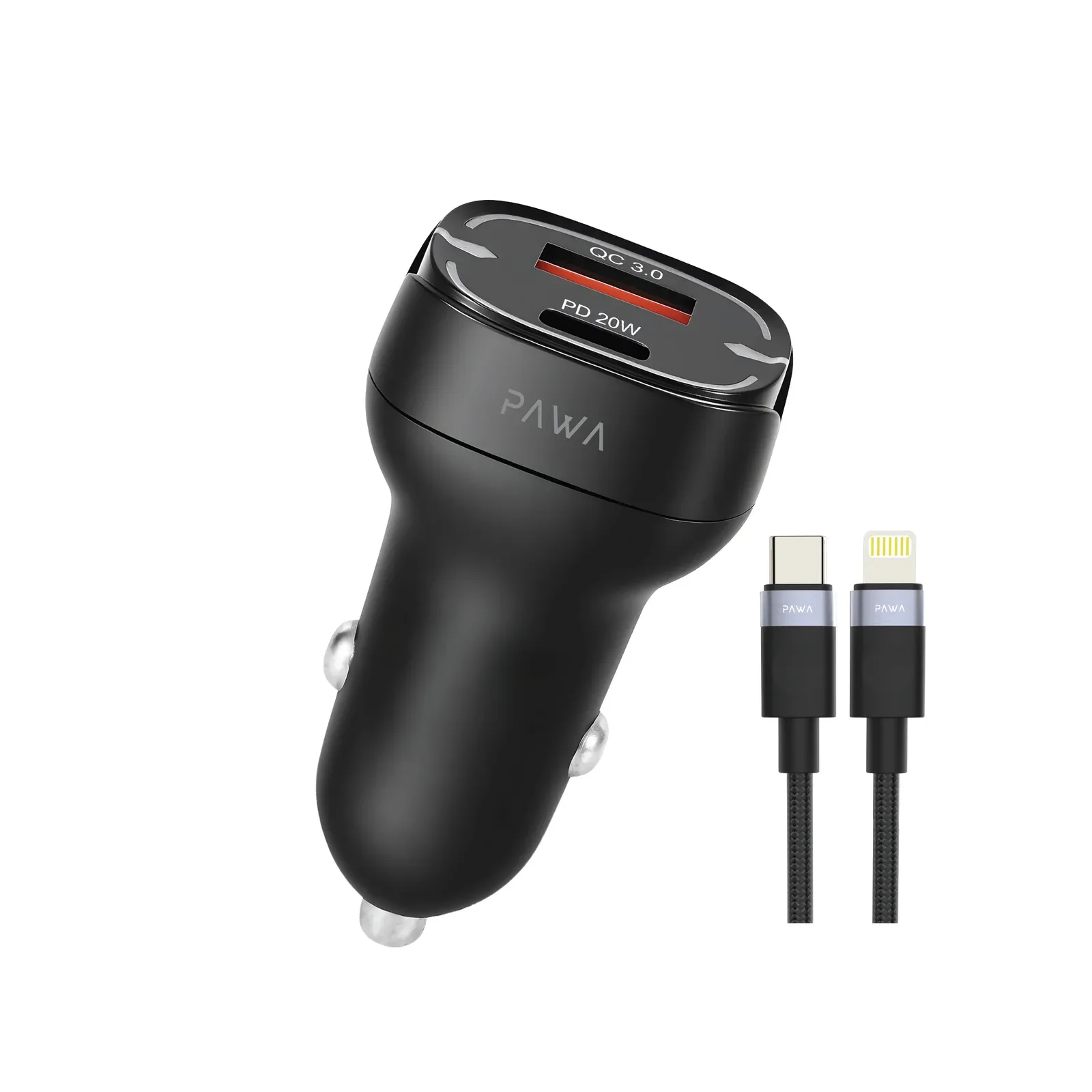 PAWA QUAD PRO DUAL PORT CAR CHARGER 38W WITH BRAIDED USB C TO LIGHTNING CABLE BLACK PW-CC530WCL-BK