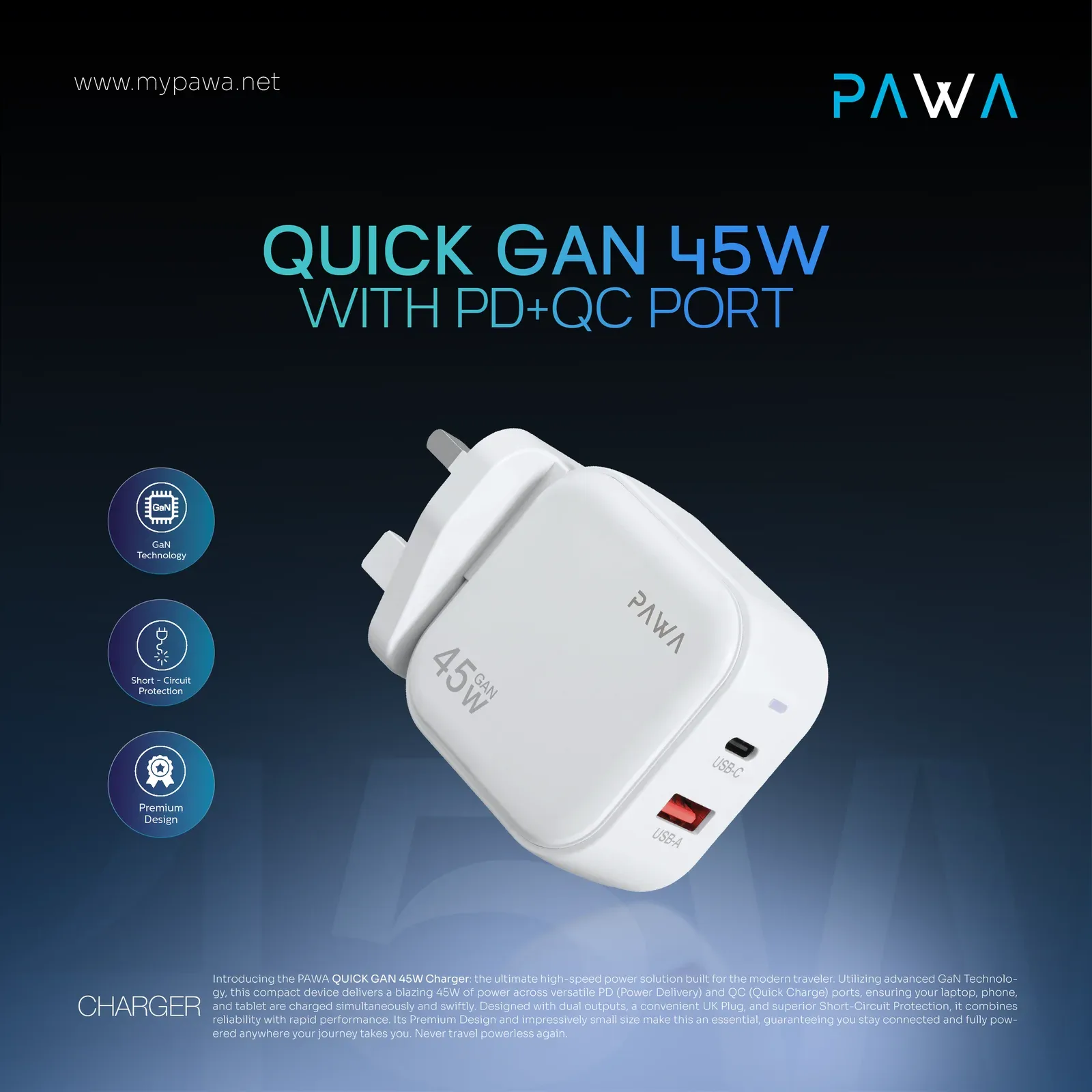 PAWA QUICK GAN 45W WITH PD+QC PORT WHITE PW-GNQC45UK-WH thumbnail 2