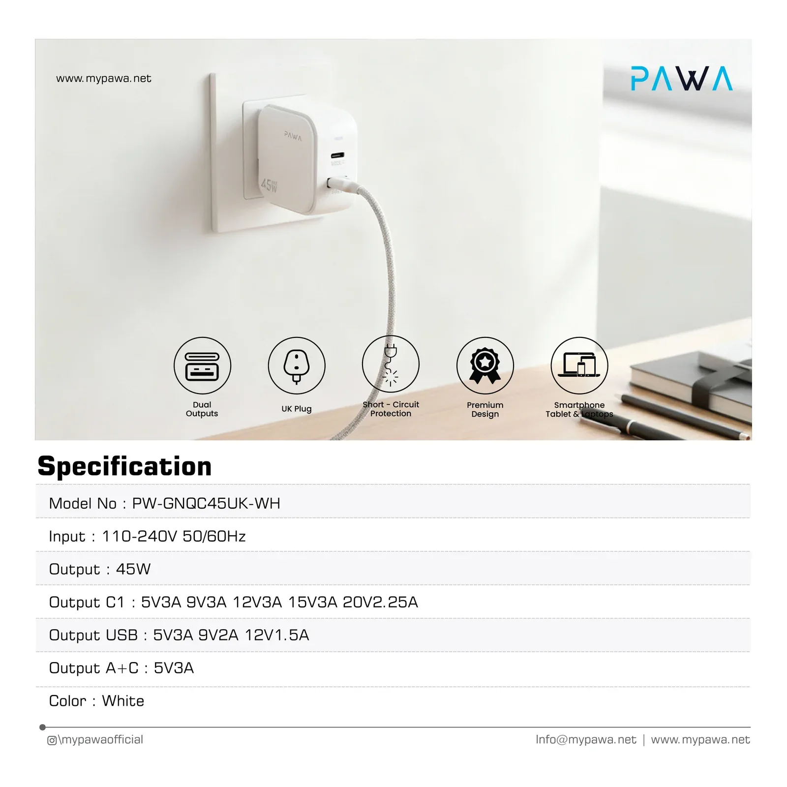 PAWA QUICK GAN 45W WITH PD+QC PORT WHITE PW-GNQC45UK-WH thumbnail 6