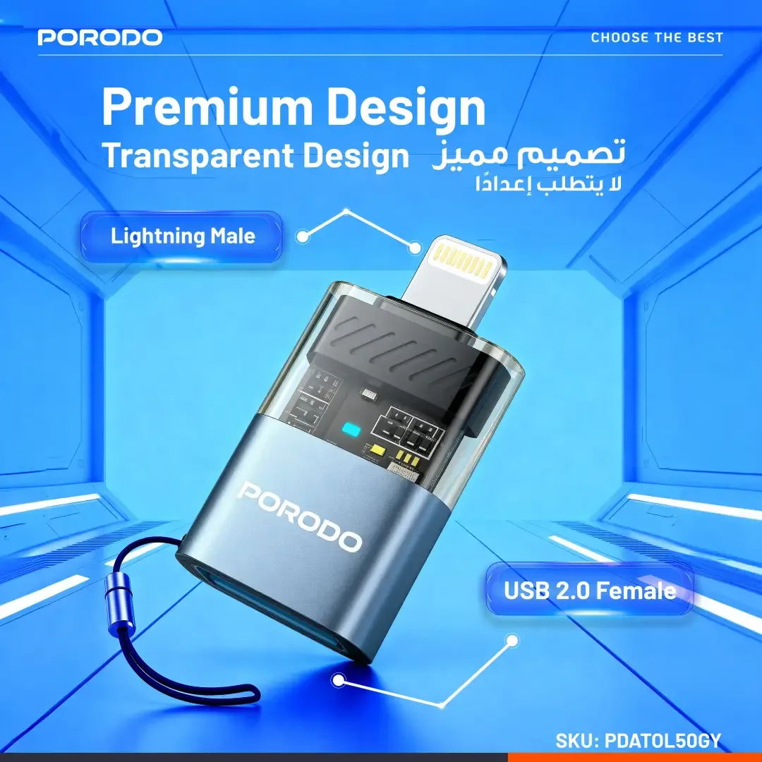 PORODO MINILINK TRANSPARENT OTG ADAPTER USB A TO LIGHTNING GREY PDATOL50GY thumbnail 4