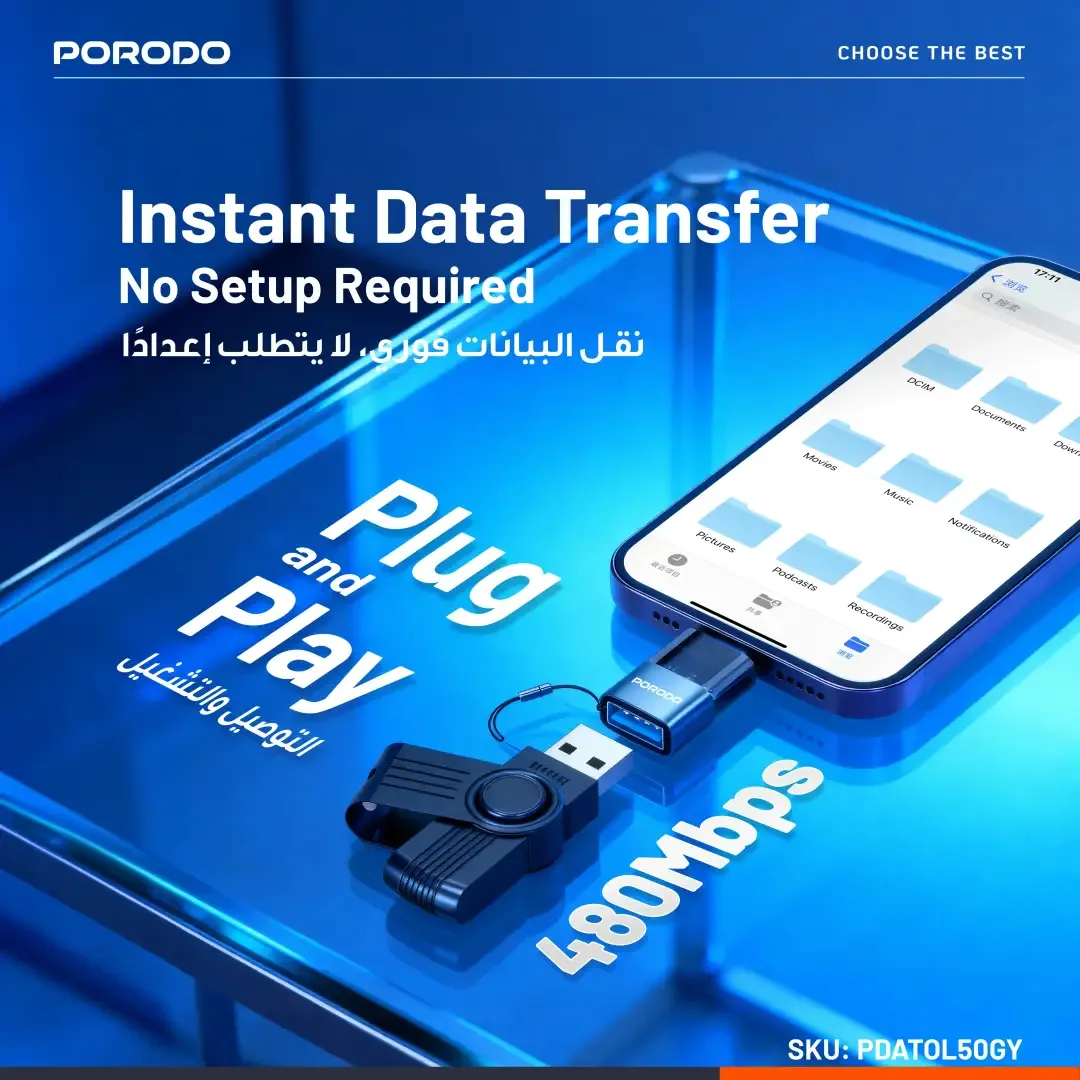 PORODO MINILINK TRANSPARENT OTG ADAPTER USB A TO LIGHTNING GREY PDATOL50GY thumbnail 3