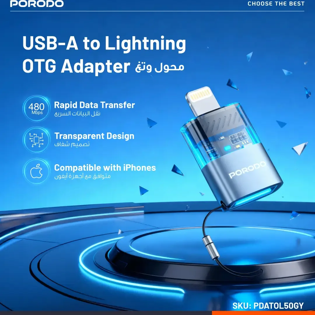 PORODO MINILINK TRANSPARENT OTG ADAPTER USB A TO LIGHTNING GREY PDATOL50GY thumbnail 2