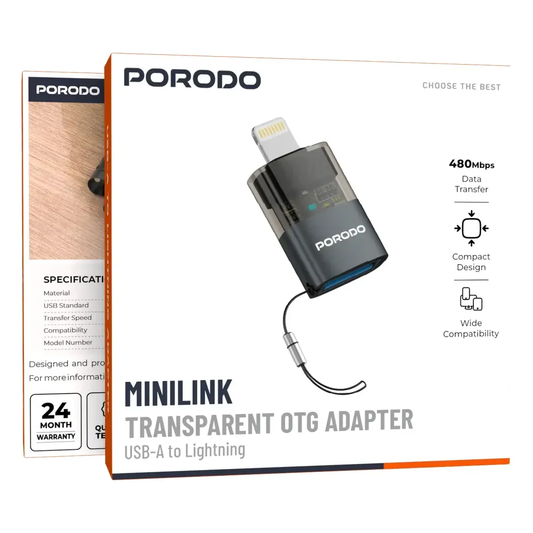 PORODO MINILINK TRANSPARENT OTG ADAPTER USB A TO LIGHTNING GREY PDATOL50GY thumbnail 6