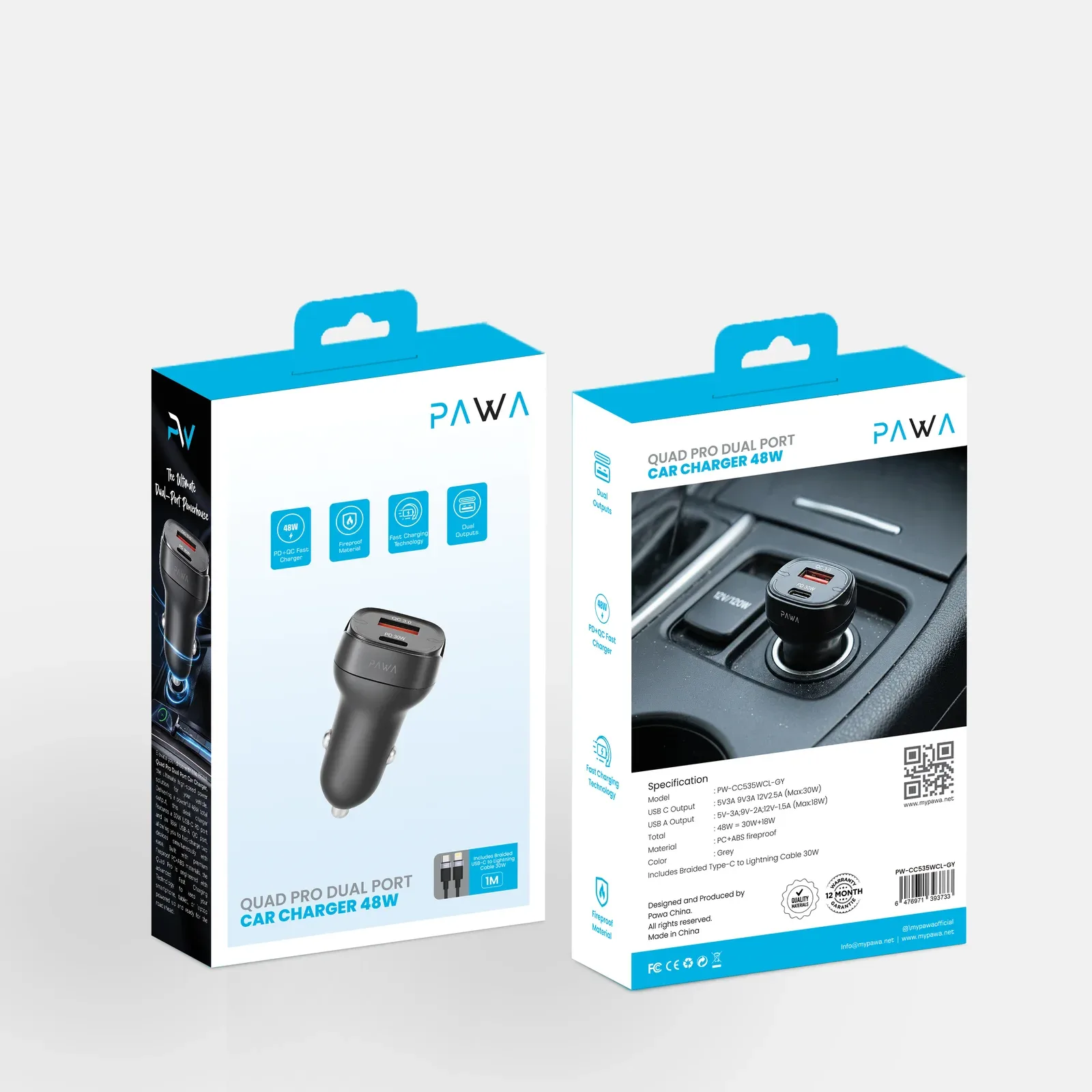 PAWA QUAD PRO DUAL PORT CAR CHARGER 48W WITH BRAIDED USB C TO LIGHTNING CABLE GREY PW-CC535WCL-GY thumbnail 4