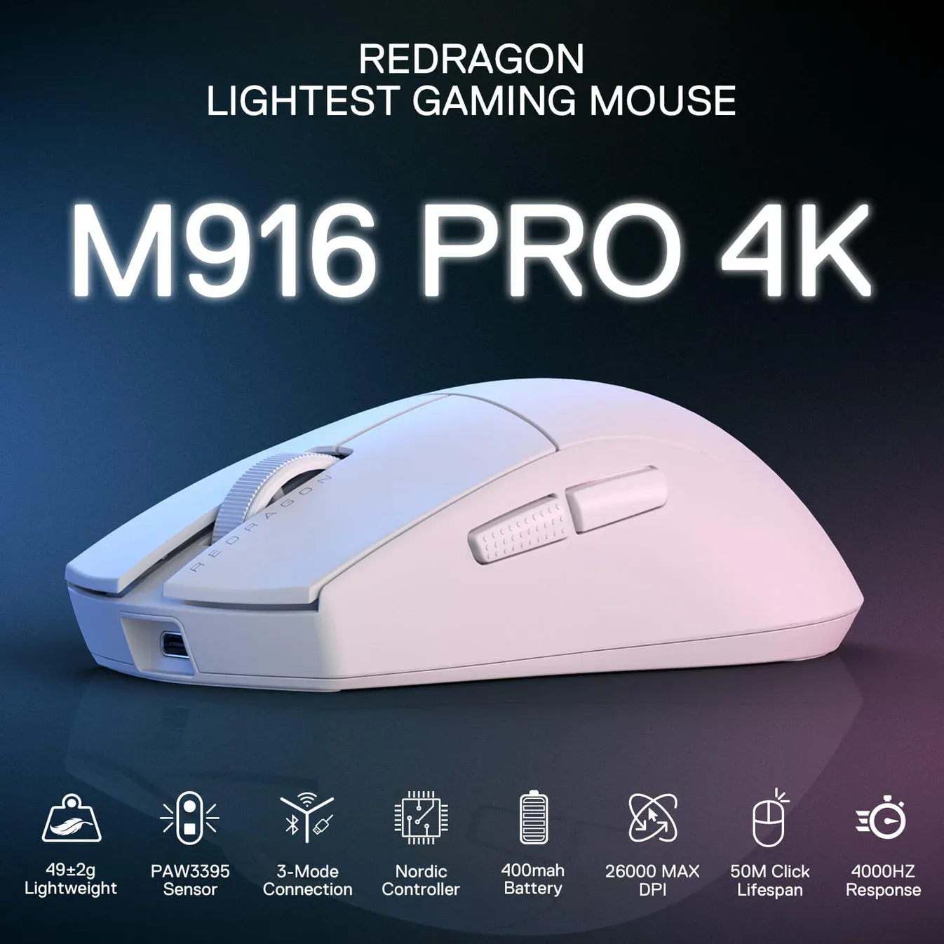 REDRAGON K1NG PRO 4K WIRED/WIRELESS GAMING MOUSE WHITE M916W-PRO-4K thumbnail 4