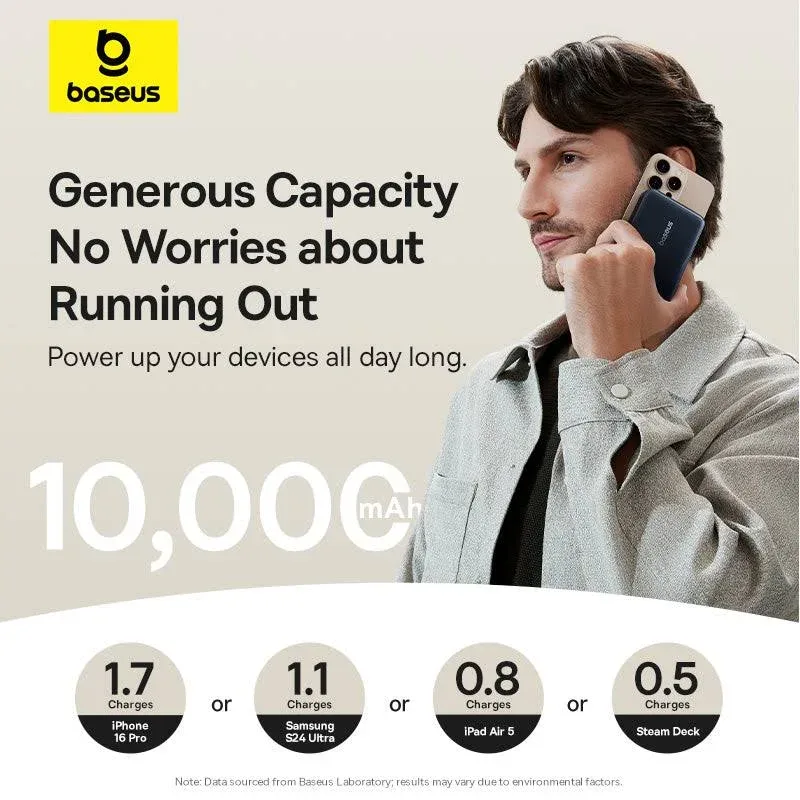 BASEUS NOMOS QI2 KICKSTAND MAGNETIC POWER BANK BUILT IN USB C CABLE 10000MAH 45W COSMIC BLACK P10078800123 thumbnail 7