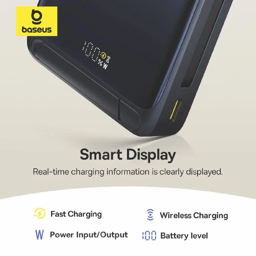 BASEUS NOMOS QI2 KICKSTAND MAGNETIC POWER BANK BUILT IN USB C CABLE 10000MAH 45W COSMIC BLACK P10078800123 thumbnail 6