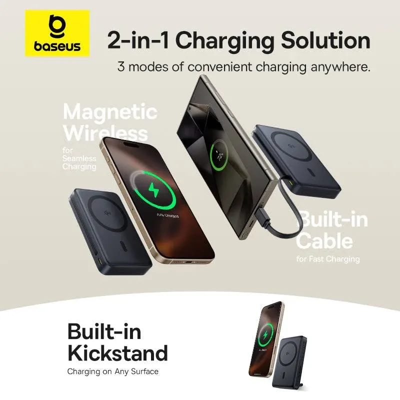 BASEUS NOMOS QI2 KICKSTAND MAGNETIC POWER BANK BUILT IN USB C CABLE 10000MAH 45W COSMIC BLACK P10078800123 thumbnail 5