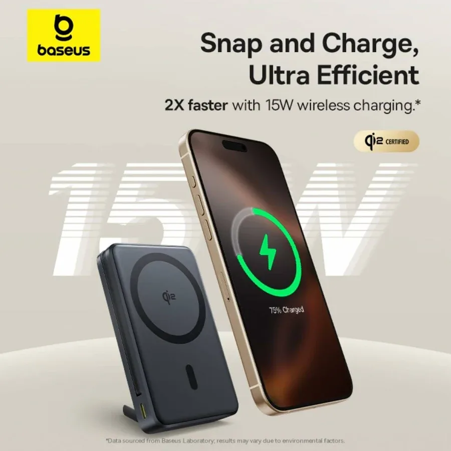 BASEUS NOMOS QI2 KICKSTAND MAGNETIC POWER BANK BUILT IN USB C CABLE 10000MAH 45W COSMIC BLACK P10078800123 thumbnail 4