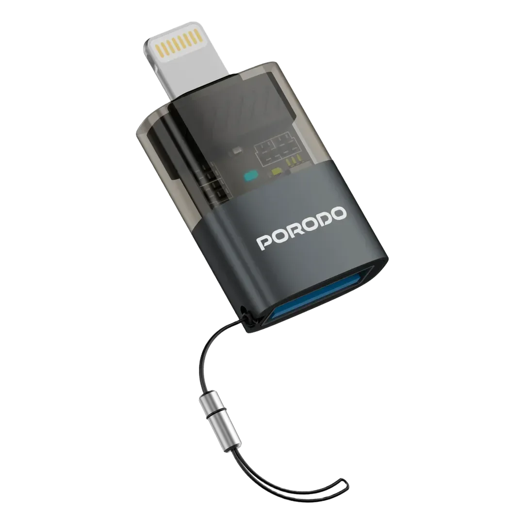 PORODO MINILINK TRANSPARENT OTG ADAPTER USB A TO LIGHTNING GREY PDATOL50GY