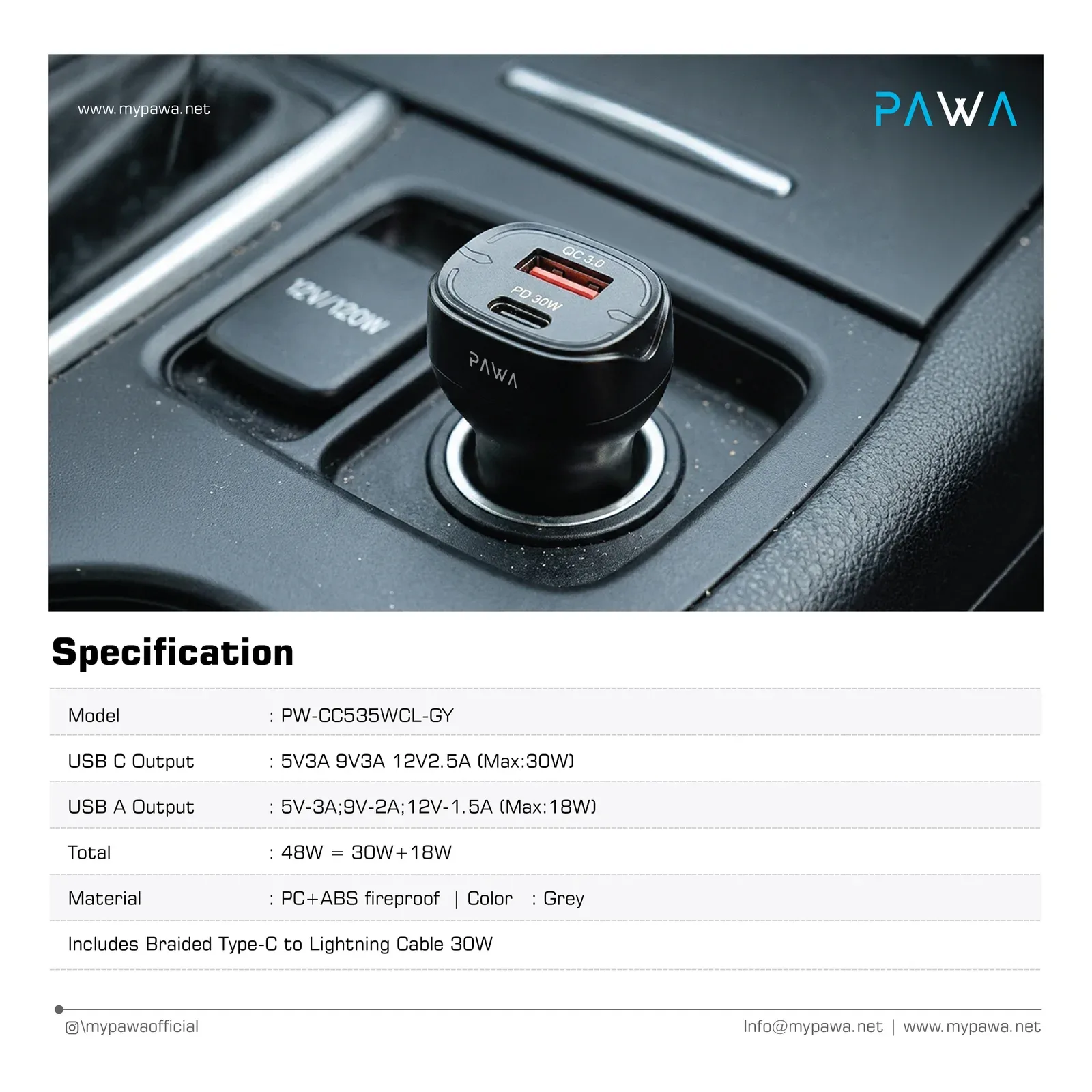 PAWA QUAD PRO DUAL PORT CAR CHARGER 48W WITH BRAIDED USB C TO LIGHTNING CABLE GREY PW-CC535WCL-GY thumbnail 5