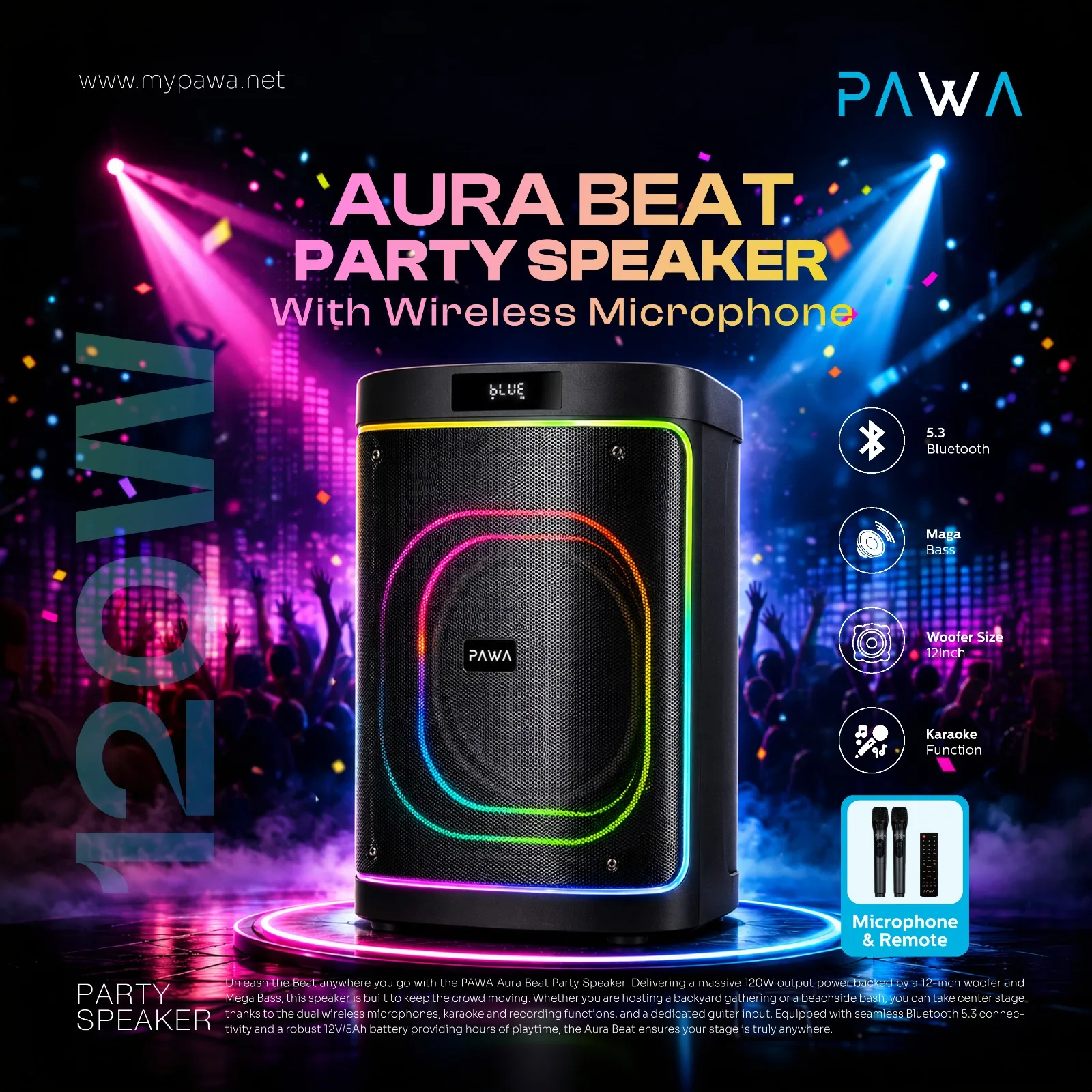 PAWA AURA BEAT PARTY SPEAKER WITH WIELESS MICROPHONR BLACK PW-SPWLTW11-BK thumbnail 2