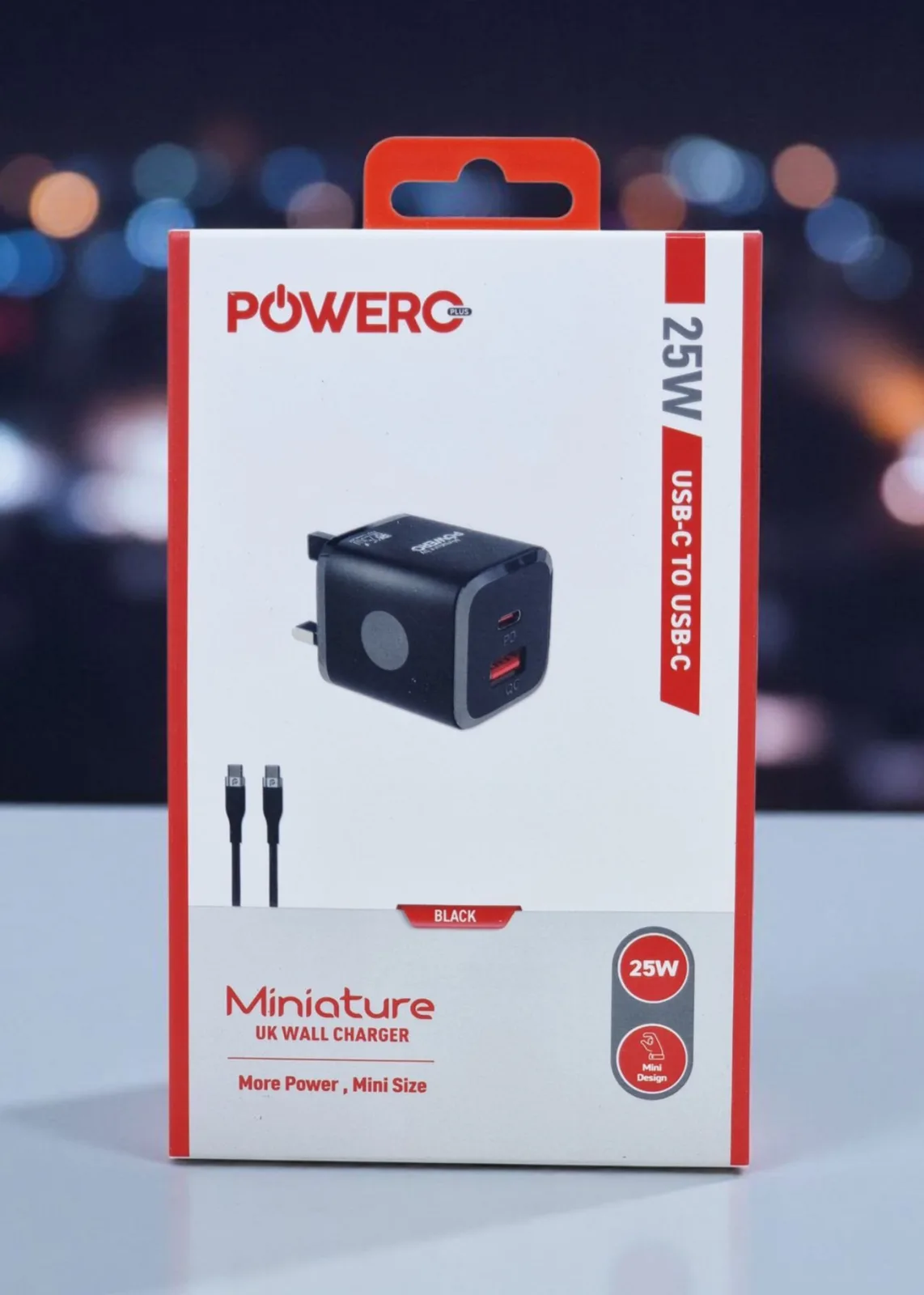 POWERO PLUS MINIATURE UK WALL CHARGER 25W USB-C TO USB-C BLACK PR-TCUK26T-BK