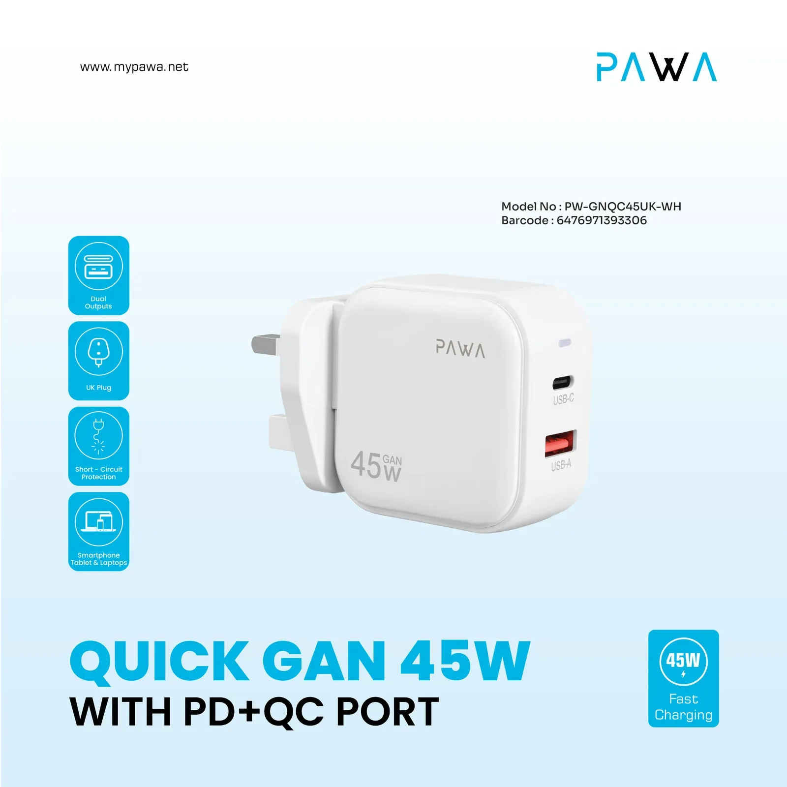 PAWA QUICK GAN 45W WITH PD+QC PORT WHITE PW-GNQC45UK-WH thumbnail 7