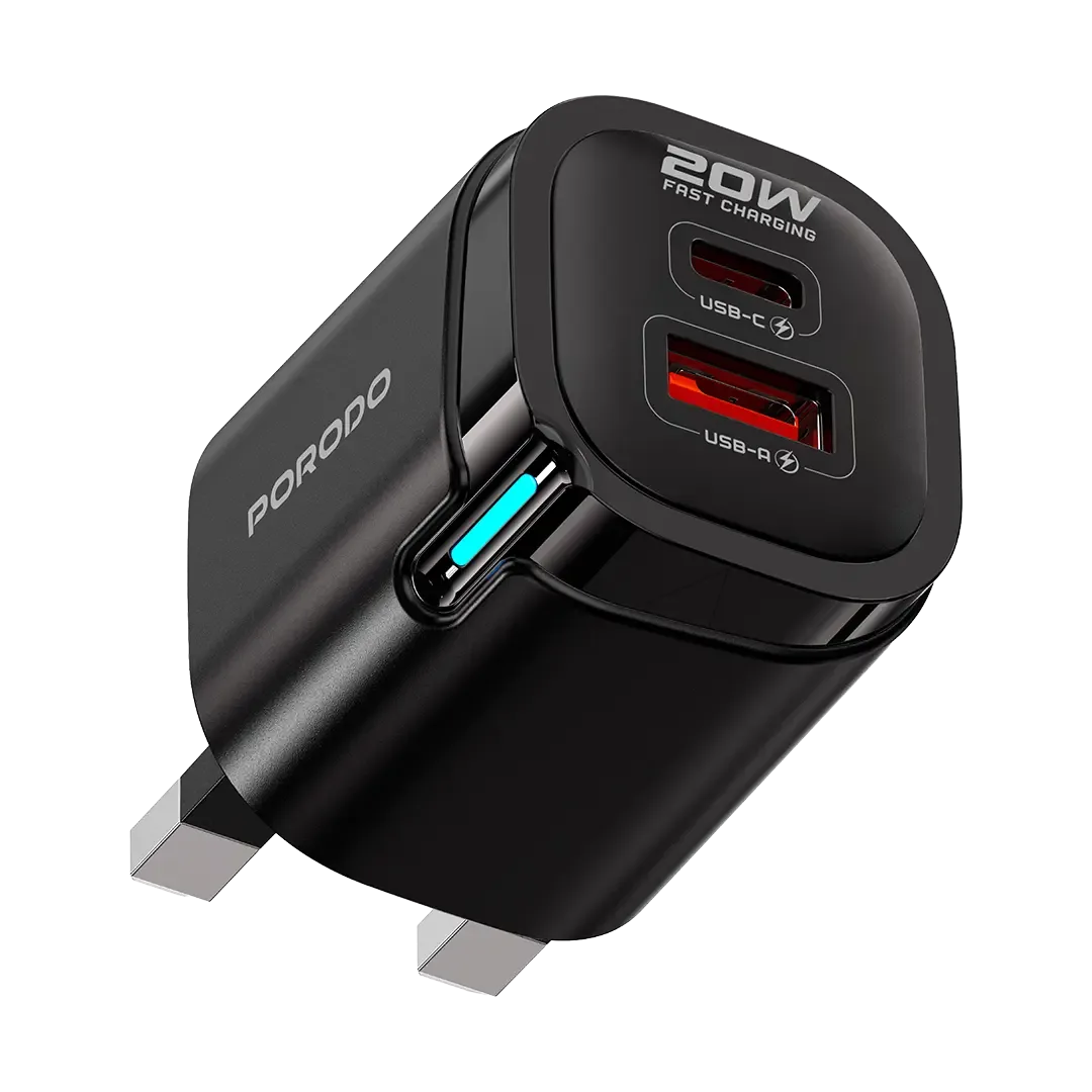 PORODO TEKTO DUAL USB WALL ADAPTER WITH USB C TO LIGHTNING CABLE PD20W BLACK PDFWCH111CLBK